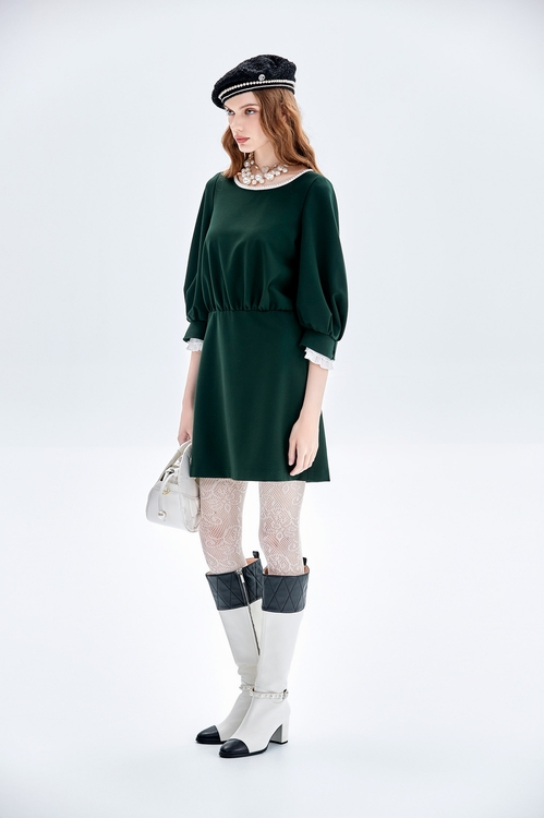 甲蟲綠珍珠洋裝,長袖洋裝