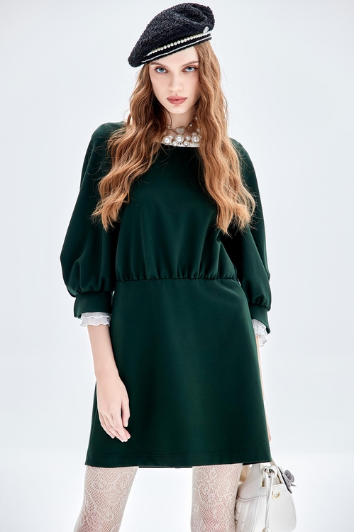 甲蟲綠珍珠洋裝,長袖洋裝