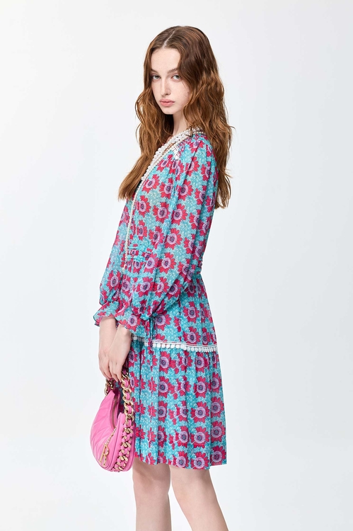 澄澈青藍色雪紡印花洋裝,長袖洋裝