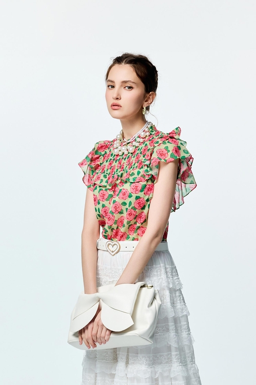 薔薇雪紡印花上衣,雪紡上衣