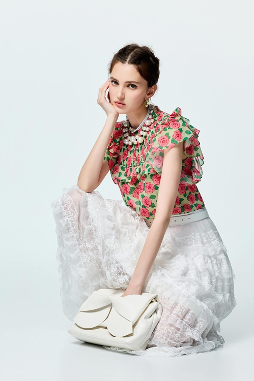 薔薇雪紡印花上衣,雪紡上衣