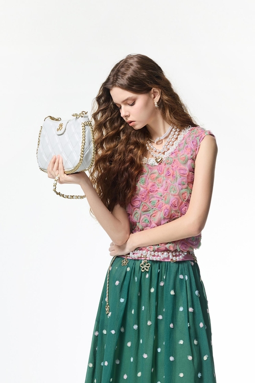 玫瑰石英粉玫瑰花上衣,無袖背心