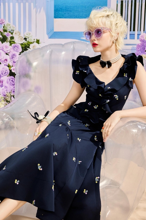 經典海軍藍彩色刺繡上衣,一般背心馬甲