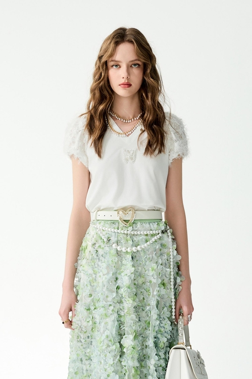 綴睫毛蕾絲袖Ｔ恤上衣,白色上衣,白色背心