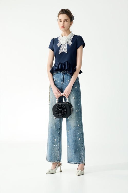 對比色蕾絲領片上衣,荷葉