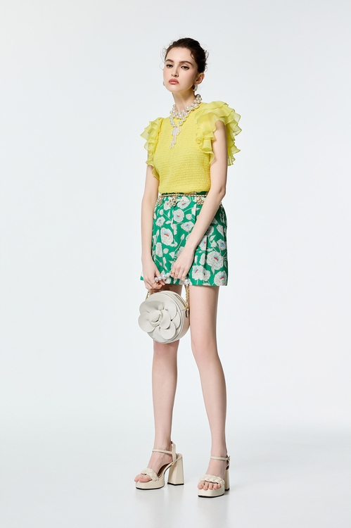 馬鞭草檸檬色雪紡荷葉袖上衣,無袖上衣