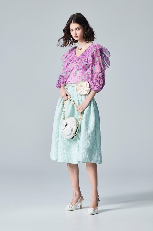 泡泡粉紫浪漫花園印花上衣,上衣