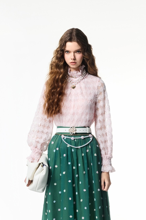 玫瑰石英粉刺繡蕾絲上衣,蕾絲上衣