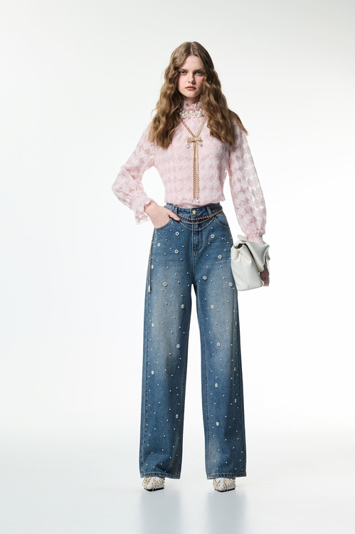 玫瑰石英粉刺繡蕾絲上衣,蕾絲上衣