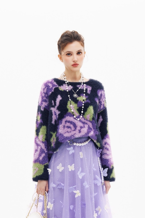 溫室綺麗花卉針織上衣,針織上衣