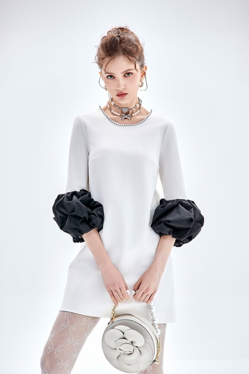 綴鑽鍊俏麗禮服洋裝,長袖洋裝