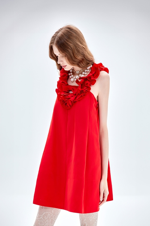 優雅深紅色禮服洋裝,V領洋裝