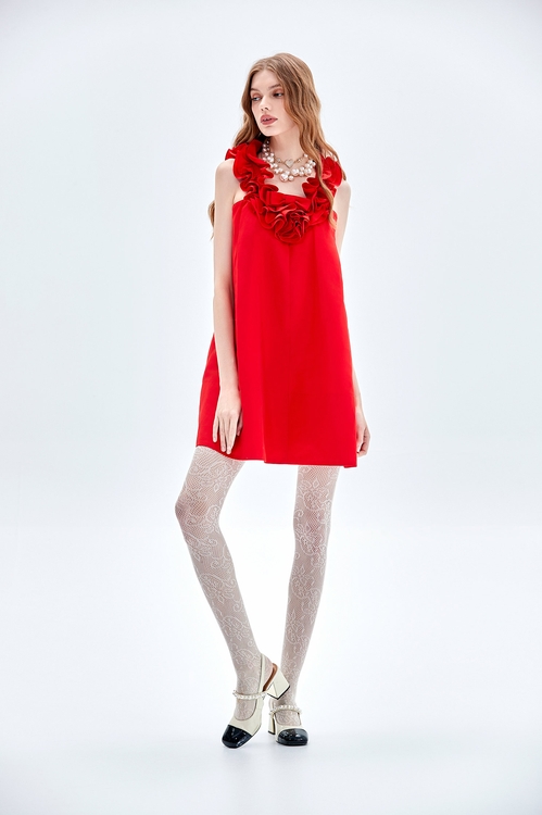 優雅深紅色禮服洋裝,V領洋裝