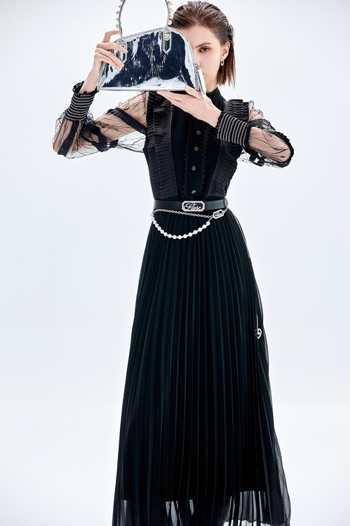 傘景壓摺仙女長洋裝,長洋裝