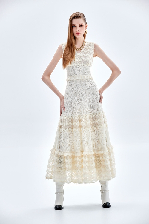 奶油色蕾絲亮片長洋裝,長洋裝