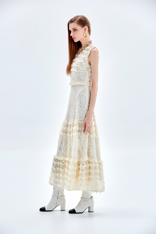 奶油色蕾絲亮片長洋裝,長洋裝