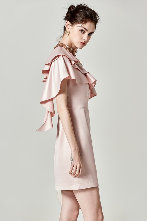 粉鑽色荷葉小禮服,短袖洋裝