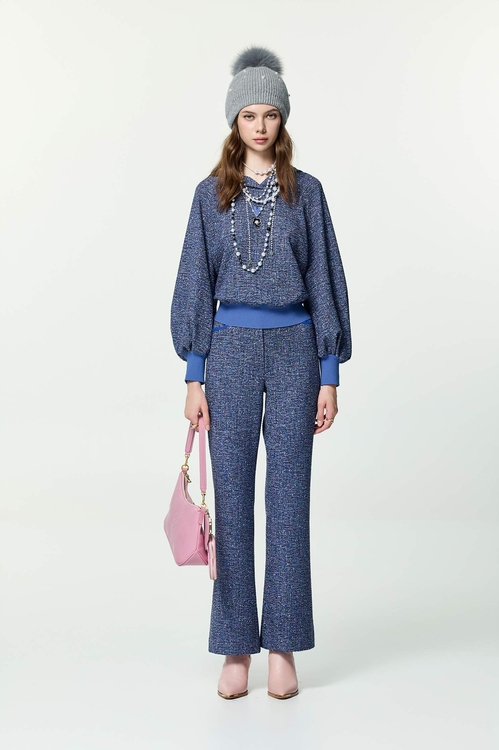 鑲口袋唇配色喇叭長褲,褲子,褲子