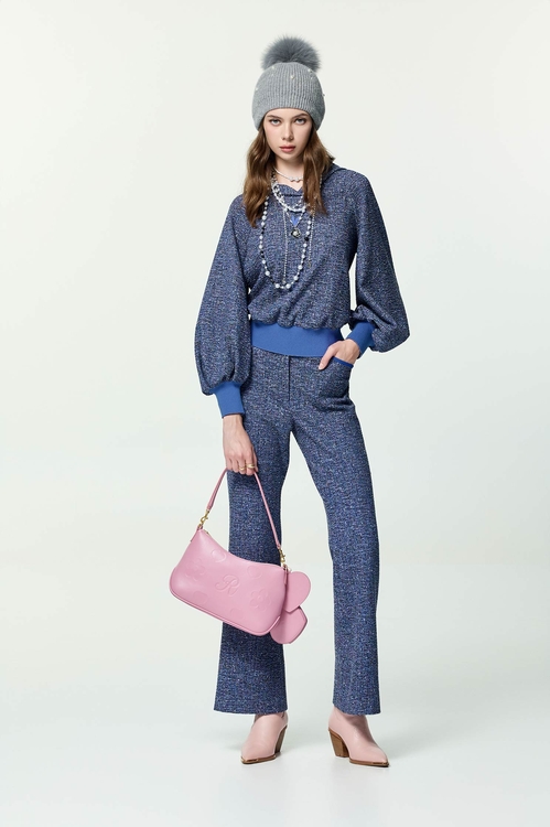 鑲口袋唇配色喇叭長褲,褲子,褲子