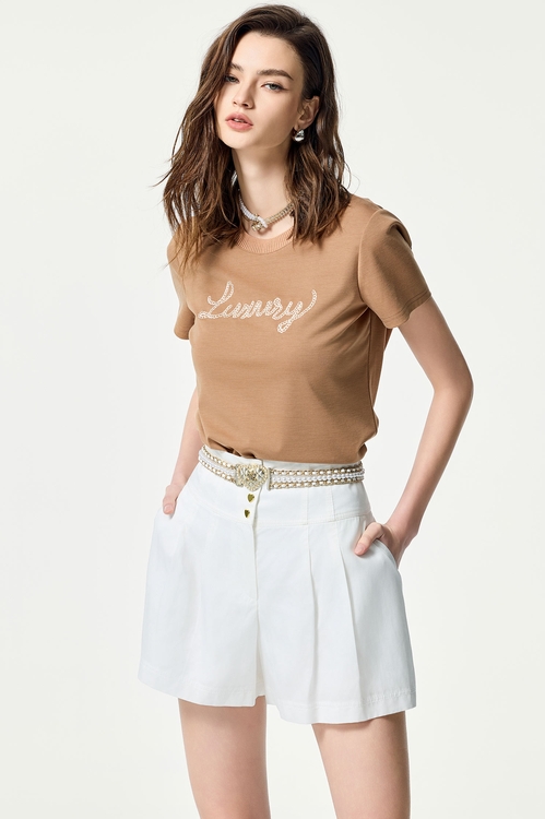 單字繩索刺繡T恤上衣,T-Shirt