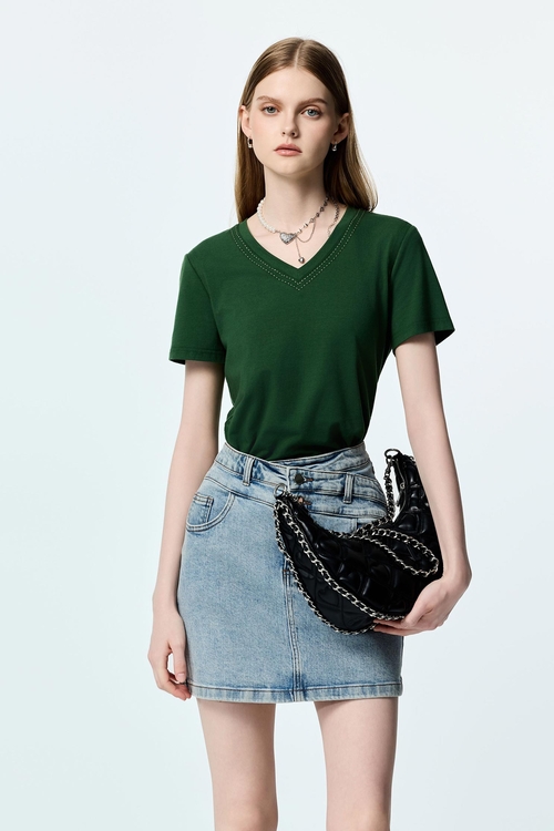 極簡合身鑲色邊T恤上衣,T-Shirt