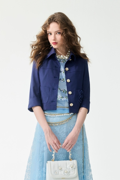 經典藍色抽鬚壓手工花外套