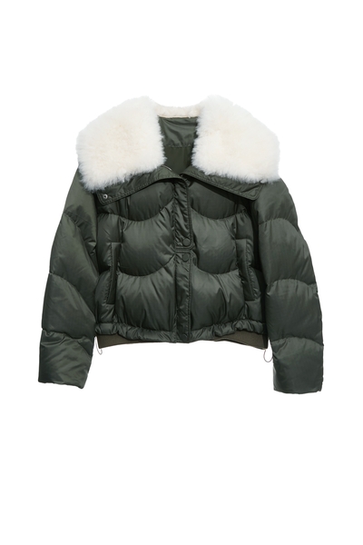 神秘綠領片拼接鵝絨外套