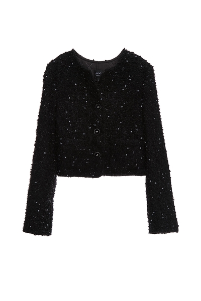 花呢崁亮片羽毛紗小香短外套