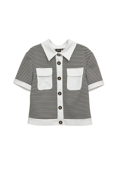 異材拼接彈性格子短版外套