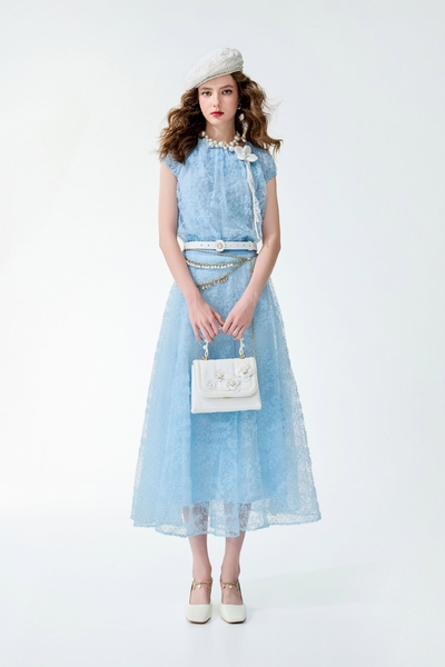 幻藍色壓波紋細網長裙