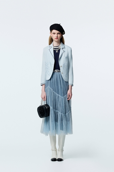 綴點點植絨細網紗長裙