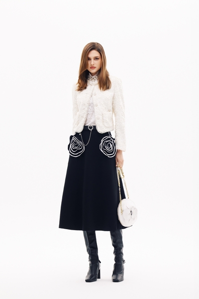 鑲色邊手工繞花中長展裙