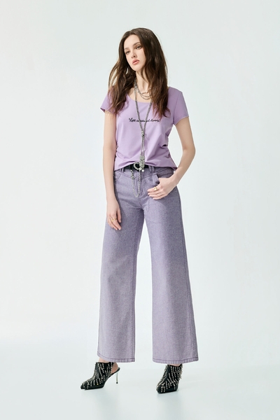 灰調葡萄紫寬腿牛仔褲