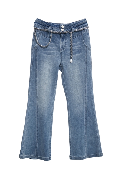 綴小香風腰鍊牛仔喇叭褲