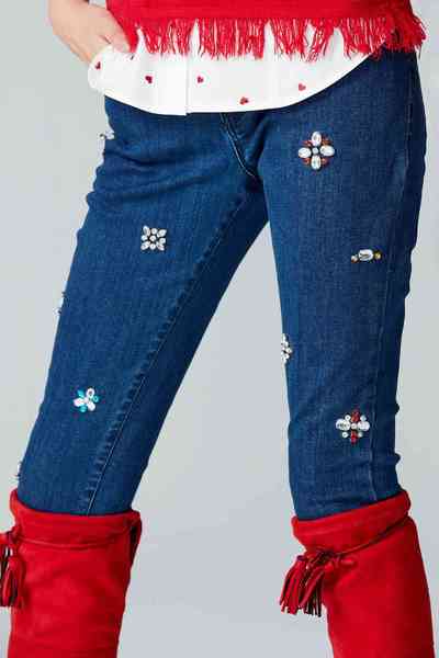 embellish with rhinestone denim trousers