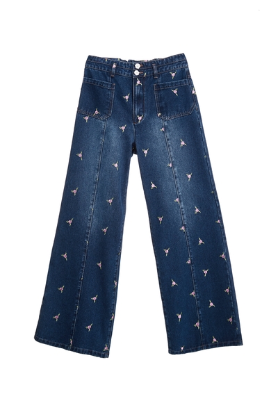 玫瑰石英粉花朵刺繡牛仔褲