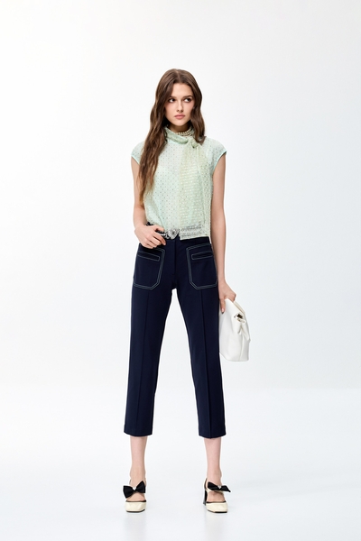 口袋鑲冰綠色邊線長褲