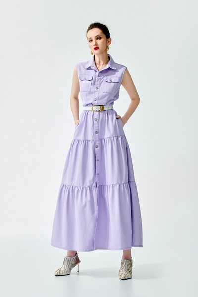 柔紫色渡假風牛仔洋裝