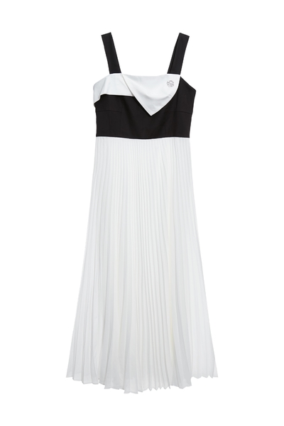 女神式黑白拼接壓摺長洋