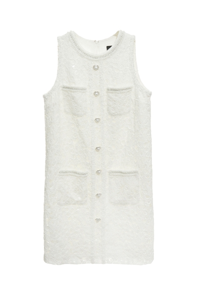 奶油白亮片蕾絲無袖短洋裝