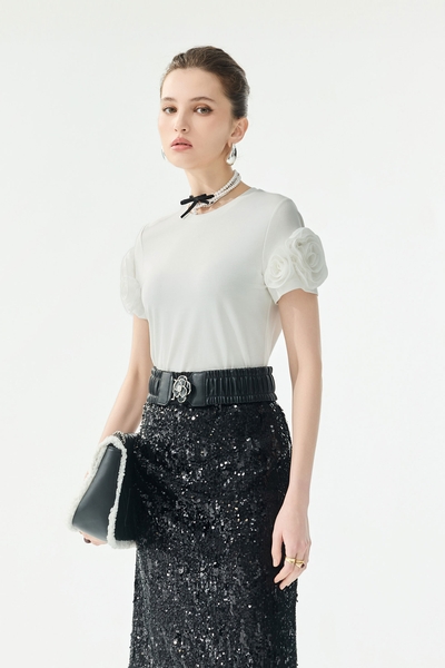 玫瑰繞花造型袖T恤上衣