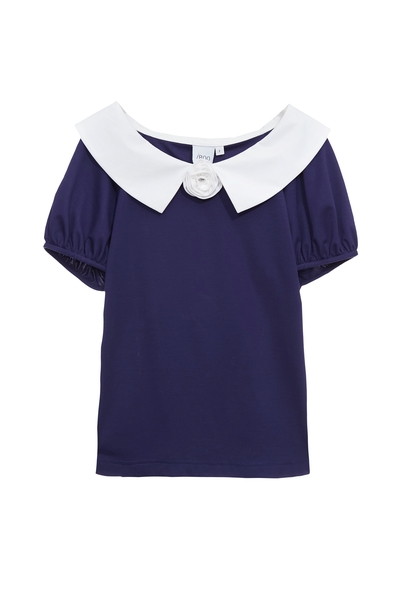 日蝕藍配色花T恤上衣