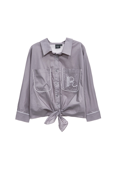 丁香灰繡花綁帶襯衫