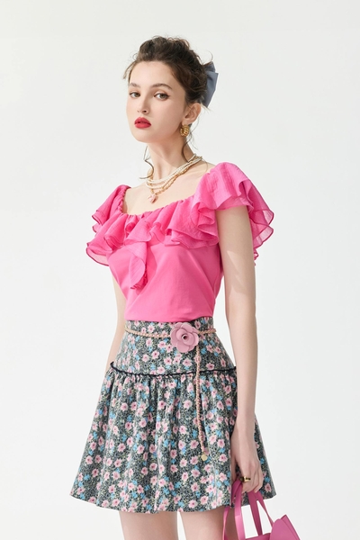 壓紋雪紡荷葉Ｔ恤上衣