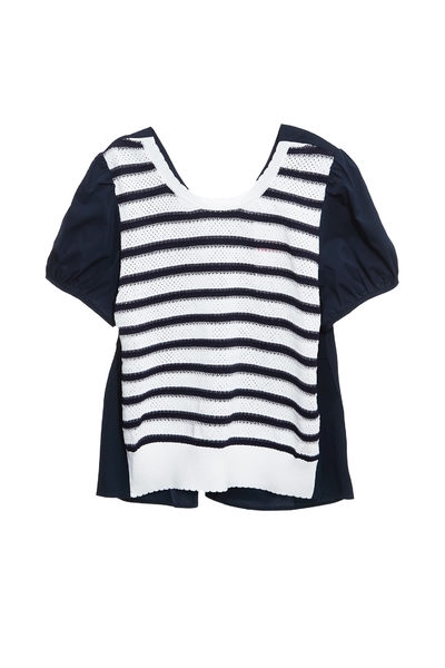 海軍藍鑲剪接異材質上衣