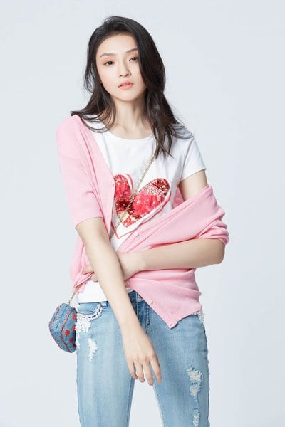 Sequin heart cotton T shirt