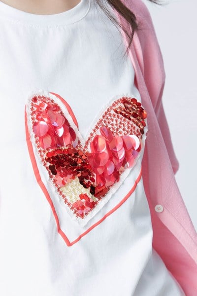 Sequin heart cotton T shirt