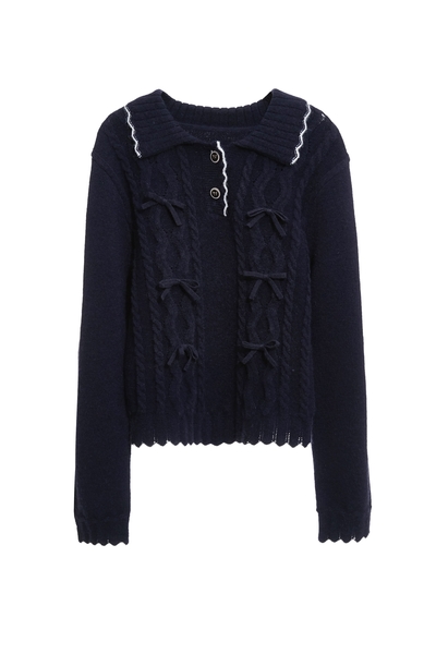 濃厚靛藍配色鋸齒邊針織上衣