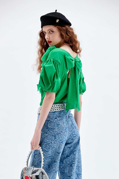 耀光綠立體花朵上衣