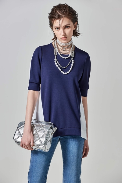 空氣布剪接襯衫布繭型上衣